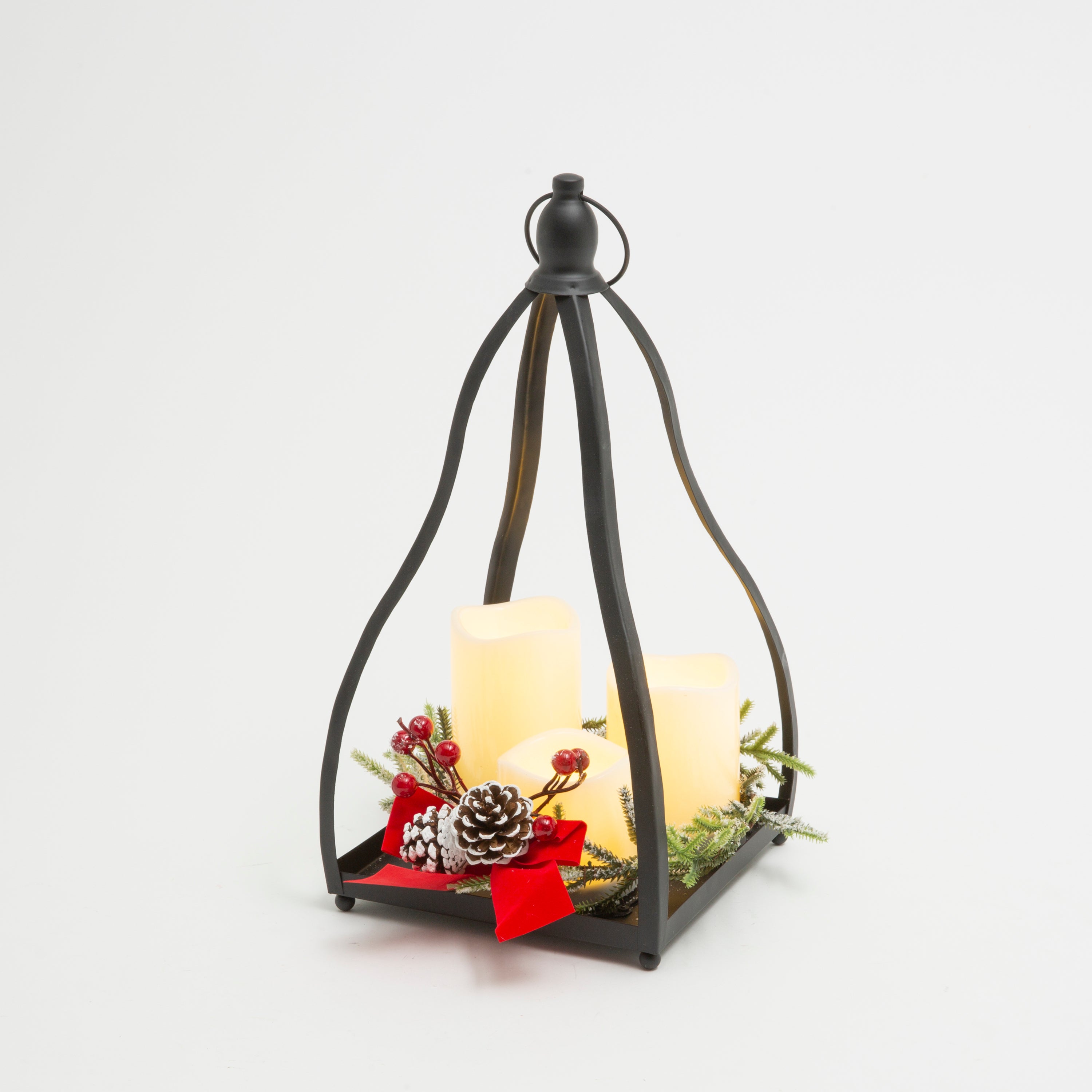 Old world 15.35 in H Battery Operated Lighted Metal Lantern with LED Candles and Floral Accents